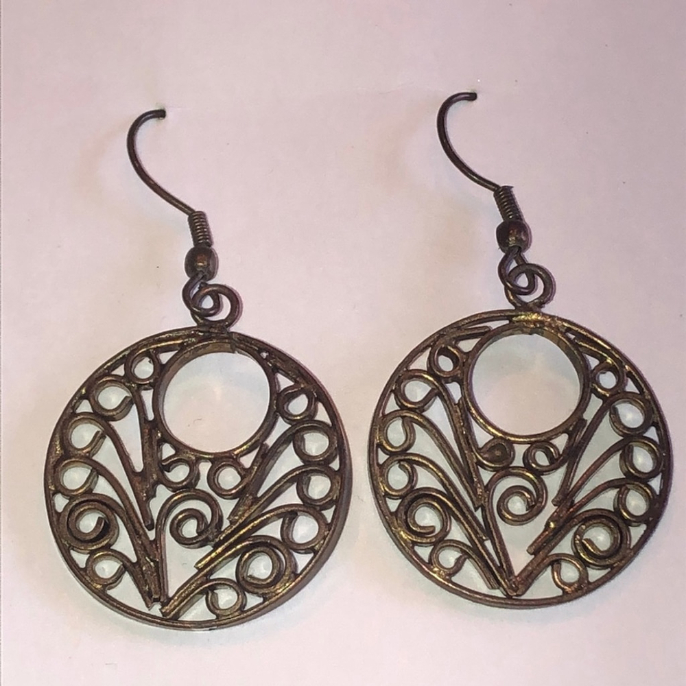 Brass Tone Round Cutout Boho Dangling Pierced Earrings